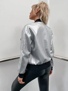 Apperloth A Casual Classic 90s Drop Shoulder Colourblock PU Leather Bomber Jacket - Silver - View 2