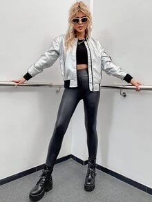 Apperloth A Casual Classic 90s Drop Shoulder Colourblock PU Leather Bomber Jacket - Silver - View 3