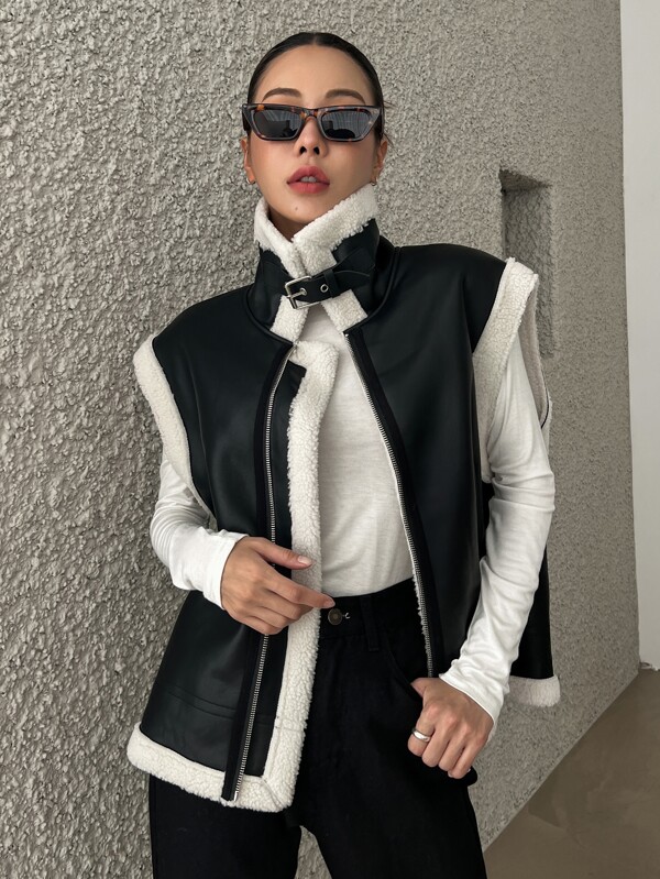DAZY Chaleco con cremallera y ribete de contraste de PU para mujer, ropa de mujer de otoño, forrado de forro polar
