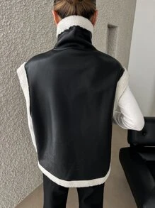 DAZY Contrast Trim Zip Up PU Vest Coat Women Jacket,Fall Women Clothes,Thermal Lined - Black - View 2