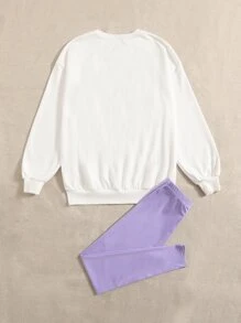 SHEIN 青少年女孩卡通和字母圖案套頭衫和緊身打底褲套裝 - 彩色 - 查看 2