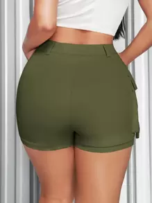 SHEIN SXY 高腰側翻蓋口袋短褲 - 軍綠色 - 查看 2