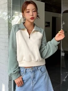 DAZY Two Tone Raglan Sleeve Half Zipper Fleece Pullover,Long Sleeve Tops,Fall Clothes Sweatshirt