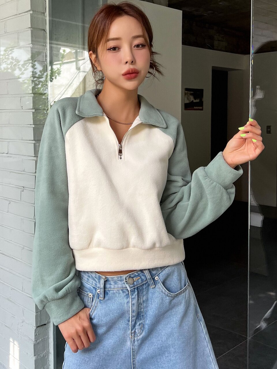 Two Tone Raglan Sleeve Half Zipper Fleece Pullover,Long Sleeve Tops,Fall Clothes Sweatshirt