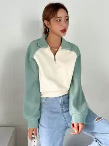 DAZY Two Tone Raglan Sleeve Half Zipper Fleece Pullover,Long Sleeve Tops,Fall Clothes Sweatshirt