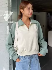 DAZY Two Tone Raglan Sleeve Half Zipper Fleece Pullover,Long Sleeve Tops,Fall Clothes Sweatshirt