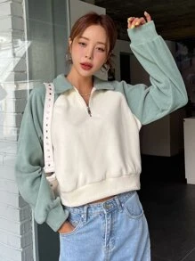 DAZY Two Tone Raglan Sleeve Half Zipper Fleece Pullover,Long Sleeve Tops,Fall Clothes Sweatshirt