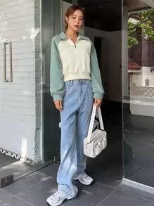 DAZY Two Tone Raglan Sleeve Half Zipper Fleece Pullover,Long Sleeve Tops,Fall Clothes Sweatshirt