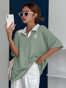 DAZY Letter Embroidery Drop Shoulder Tee Oversized T-Shirt