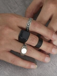 Fashionable and Popular 4pcs Men Moon & Star Engraved Ring Alloy for Jewelry Gift and for a Stylish Look - Black and White - View 4