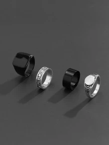 Fashionable and Popular 4pcs Men Moon & Star Engraved Ring Alloy for Jewelry Gift and for a Stylish Look - Black and White - View 6