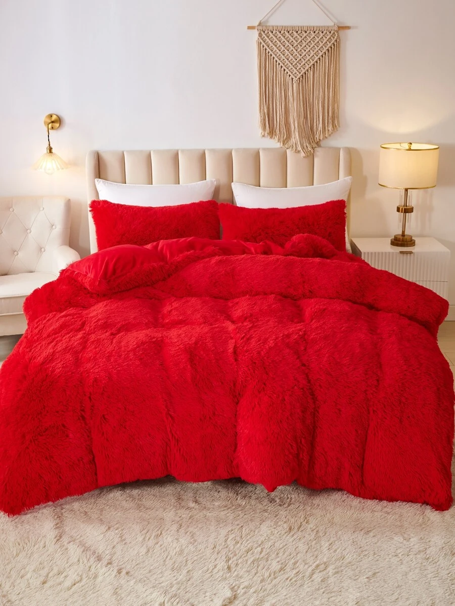 Solid Fluffy Duvet Cover Set Without Filler - Red - View 1
