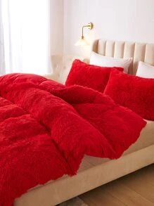Solid Fluffy Duvet Cover Set Without Filler - Red - View 2