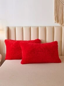 Solid Fluffy Duvet Cover Set Without Filler - Red - View 3