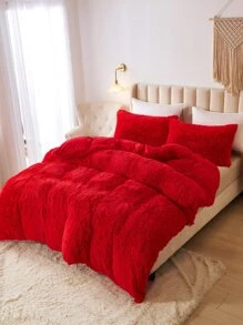 Solid Fluffy Duvet Cover Set Without Filler - Red - View 4