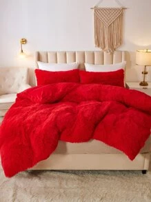 Solid Fluffy Duvet Cover Set Without Filler - Red - View 6