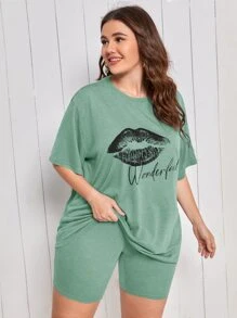 SHEIN Bộ Giản Dị Kích Thước Lớn Con số Lá thư Giải trí - Màu xanh Bạc hà - Xem 1