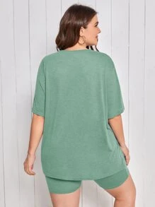 SHEIN Bộ Giản Dị Kích Thước Lớn Con số Lá thư Giải trí - Màu xanh Bạc hà - Xem 2