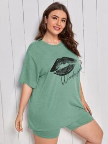 SHEIN Bộ Giản Dị Kích Thước Lớn Con số Lá thư Giải trí - Màu xanh Bạc hà - Xem 3