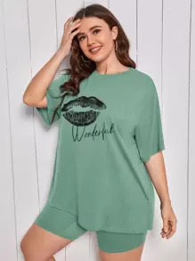 SHEIN Bộ Giản Dị Kích Thước Lớn Con số Lá thư Giải trí - Màu xanh Bạc hà - Xem 4
