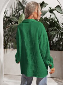 SHEIN Frenchy 落肩袖素色長款襯衫 - 綠色 - 查看 2