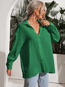 SHEIN Frenchy 落肩袖素色長款襯衫 - 綠色 - 查看 3