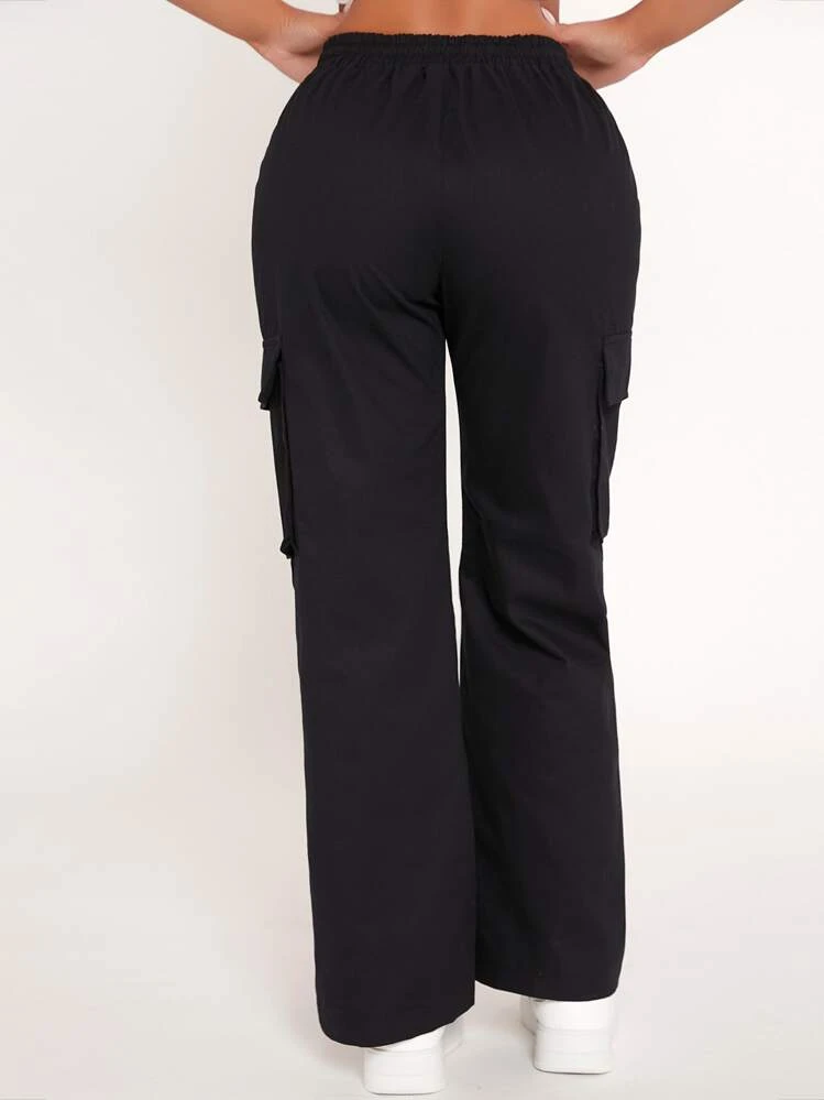 SHEIN PETITE Drawstring Waist Flap Pocket Cargo Black Pants - Black - View 2