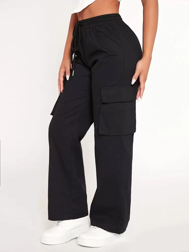 SHEIN PETITE Drawstring Waist Flap Pocket Cargo Black Pants - Black - View 4
