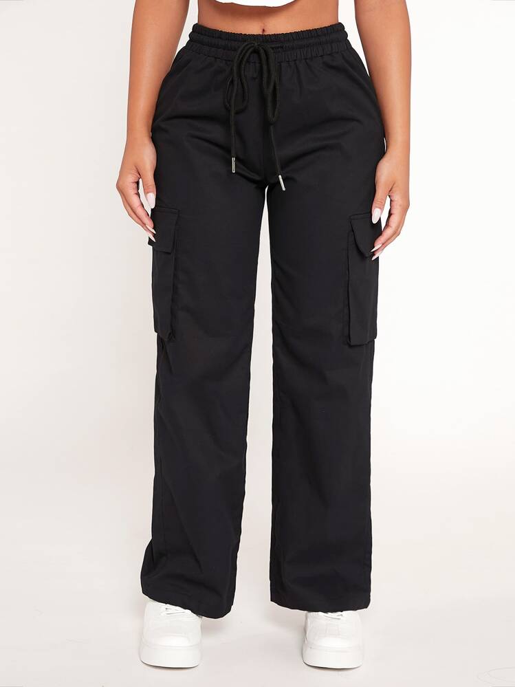 SHEIN PETITE Drawstring Waist Flap Pocket Cargo Black Pants - Black - View 6