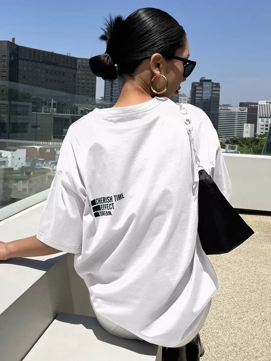 DAZY Camiseta holgada con gráfico de letra, estilo preppy - Blanco - Ver 1