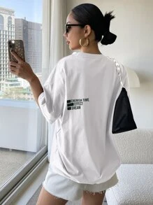 DAZY Camiseta holgada con gráfico de letra, estilo preppy - Blanco - Ver 4