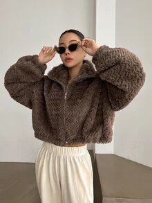 DAZY Cazadora teddy con cremallera de hombros caídos - Café integral - Ver 7