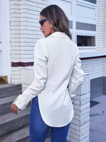 SHEIN Essnce Áo sơ mi nữ Dây kéo Nút phía trước màu trơn Giải trí - trắng - Xem 2