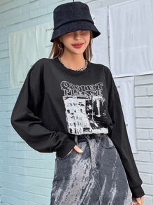 FRIFUL 女款下垂肩印字長袖t恤 - 黑色 - 查看 3