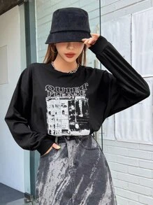 FRIFUL 女款下垂肩印字長袖t恤 - 黑色 - 查看 4