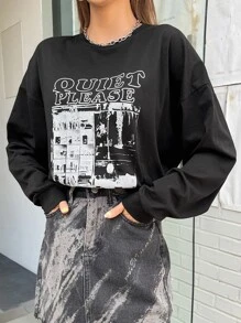 FRIFUL 女款下垂肩印字長袖t恤 - 黑色 - 查看 5