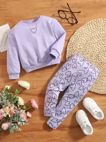 SHEIN Leap Crew Baby Heart Print Sweatshirt & Trousers - Lilac Purple - View 1