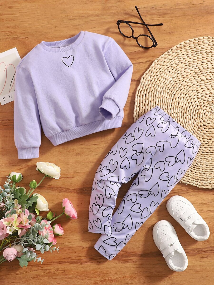 SHEIN Leap Crew Baby Heart Print Sweatshirt & Trousers - Lilac Purple - View 1
