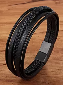 Những người đàn ông thời trang và phổ biến Vòng đeo tay nhiều lớp chi tiết bện PU để làm quà tặng trang sức và cho một vẻ ngoài sành điệu - màu đen - Xem 1