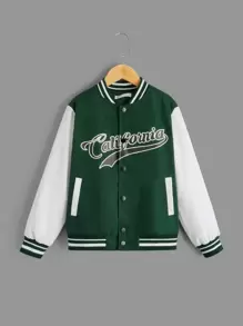 SHEIN Boys Letter Graphic Two Tone Varsity Jacket - Dark Green - View 1