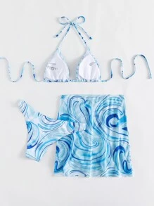 Swim Vcay 夏季沙滩三件套印花挂脖比基尼及罩衫度假两件套比基尼两件套夏季女装 - 藍色 - 查看 2