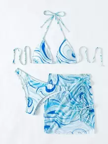 Swim Vcay 夏季沙滩三件套印花挂脖比基尼及罩衫度假两件套比基尼两件套夏季女装 - 藍色 - 查看 5