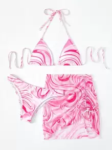 SHEIN X Hangout Fest SHEIN Swim Summer Beach 3 pachete Bikini Halter cu imprimeu și acoperire
