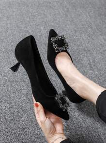 Tacones de corte con decoración de rhinestones en estilo pirámide, de gamuza para otoño/invierno, tacones altos de mujer de color negro con detalles de rhinestones, elegantes, de tacón de gatito, para fiestas - Negro - Ver 1
