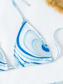 Swim Vcay 夏季沙滩三件套印花挂脖比基尼及罩衫度假两件套比基尼两件套夏季女装 - 藍色 - 查看 6