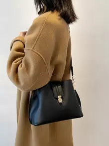 Bolso de hombro de estilo retro versátil y de moda, diseño exclusivo, unicolor, simple y ligero, correa de hombro ajustable tipo cubo, correa de hombro con patrón geométrico, adecuado para trabajo, ir y venir, salir, citas, ir de compras (el patrón de la correa de hombro es aleatorio) - Negro - Ver 2