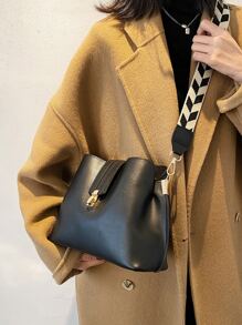 Bolso de hombro de estilo retro versátil y de moda, diseño exclusivo, unicolor, simple y ligero, correa de hombro ajustable tipo cubo, correa de hombro con patrón geométrico, adecuado para trabajo, ir y venir, salir, citas, ir de compras (el patrón de la correa de hombro es aleatorio) - Negro - Ver 3