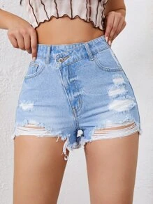 SHEIN EZwear 高腰破洞毛邊緣牛仔短褲