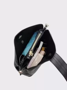 Bolso de hombro de estilo retro versátil y de moda, diseño exclusivo, unicolor, simple y ligero, correa de hombro ajustable tipo cubo, correa de hombro con patrón geométrico, adecuado para trabajo, ir y venir, salir, citas, ir de compras (el patrón de la correa de hombro es aleatorio) - Negro - Ver 4