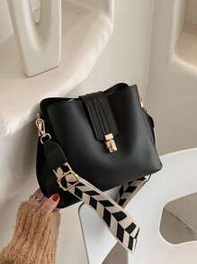 Bolso de hombro de estilo retro versátil y de moda, diseño exclusivo, unicolor, simple y ligero, correa de hombro ajustable tipo cubo, correa de hombro con patrón geométrico, adecuado para trabajo, ir y venir, salir, citas, ir de compras (el patrón de la correa de hombro es aleatorio) - Negro - Ver 5